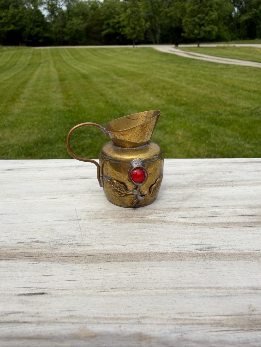 Copper brass tone Red Blue cabochon Leaf Handle mini pitcher 1.75 in Tiny